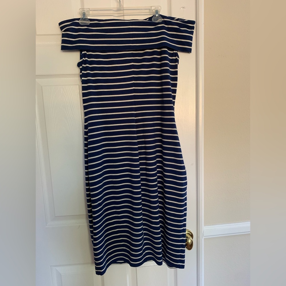 NWT Ralph Lauren Midi Dress Blue w/White Stripes Cold Shoulder Stretch Cotton 14 - Picture 2 of 11